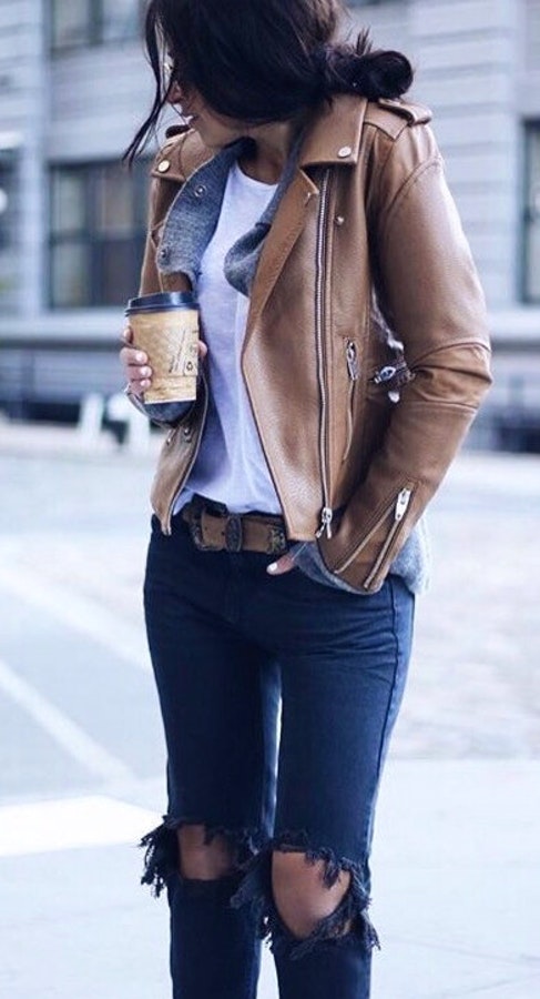Brown leather zip-up jacket. Elegant Winter Fashion Outfits For Ladies