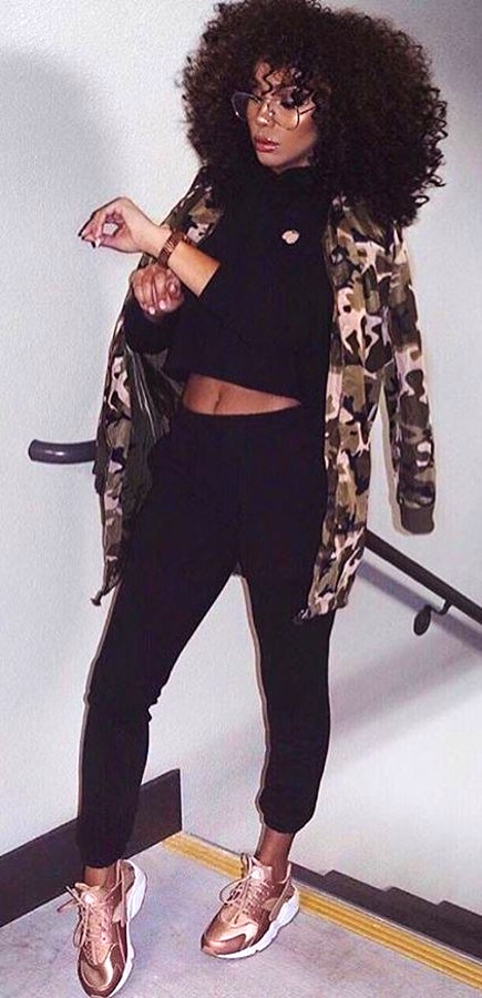 Camo Jacket + Black Top + Black Pants.