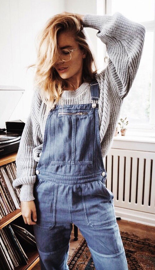 Denim Overalls And Chunky Grey Knit Sweater.