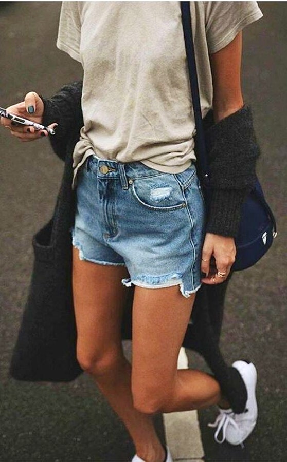 Grey Tee + Ripped Denim Short.