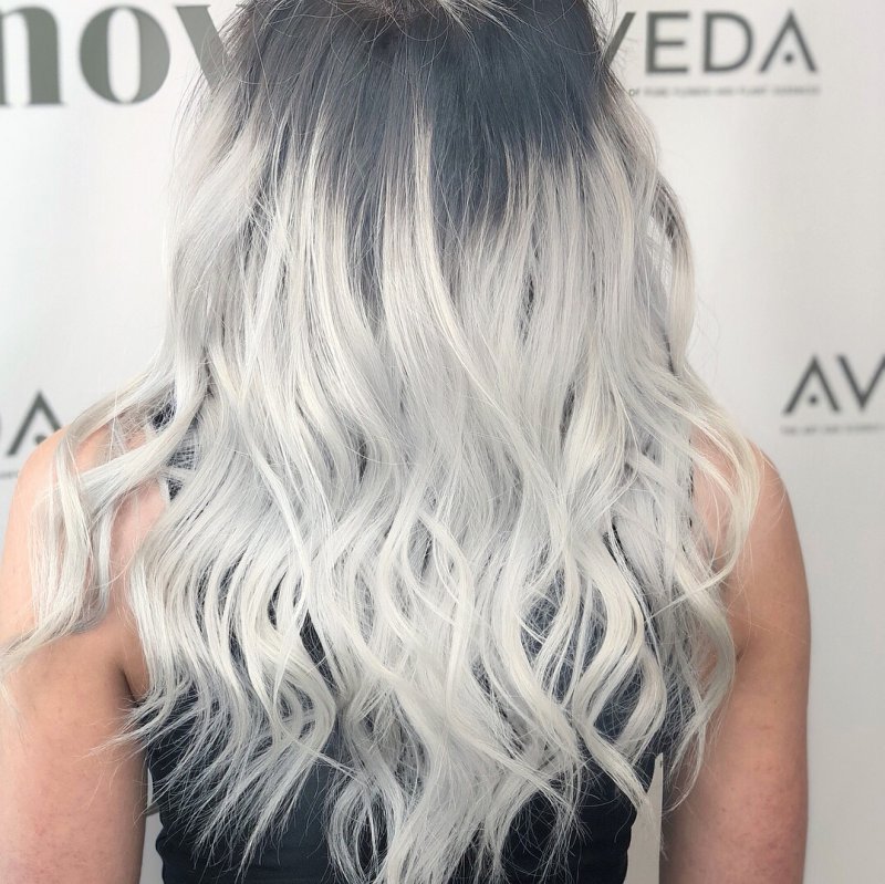 Ice blonde with mens Grey blending line for a shadow root! Pic by steph.aveda.artist