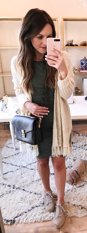 Ivory Fringe Cardigan & Olive Dress.