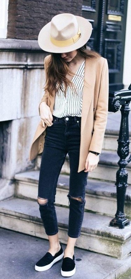 Light Hat + Blush Cardigan + Striped Shirt + Black Ripped Skinny Jeans.