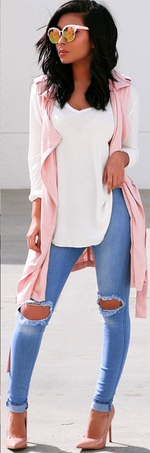 Pink Cardigan + White Top + Destroyed Skinny Jeans.
