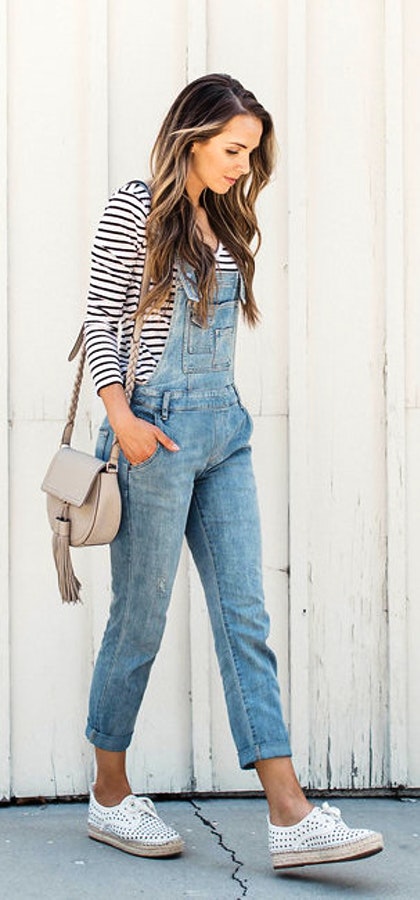 Striped Top + Denim Overall + White Sneakers.