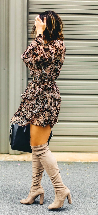 Women's brown and black floral long-sleeve mini dress.