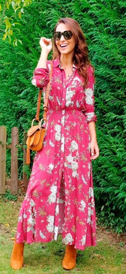 Women's red and white floral button-up longsleeve dress.