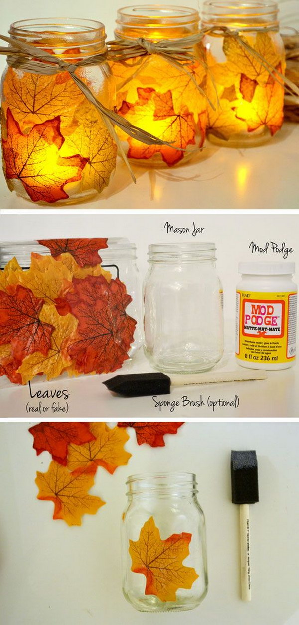 DIY Leaf Mason Jar Candle Holder For Table Decor.