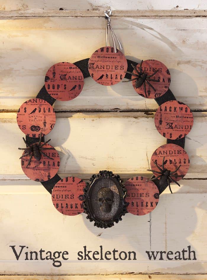 DIY vintage Halloween skeleton wreath.