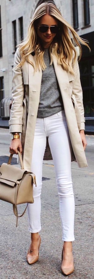 Grey button coat with white denim jeans outfit.