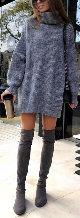 Grey ribbed-knit turtleneck sweater dress.