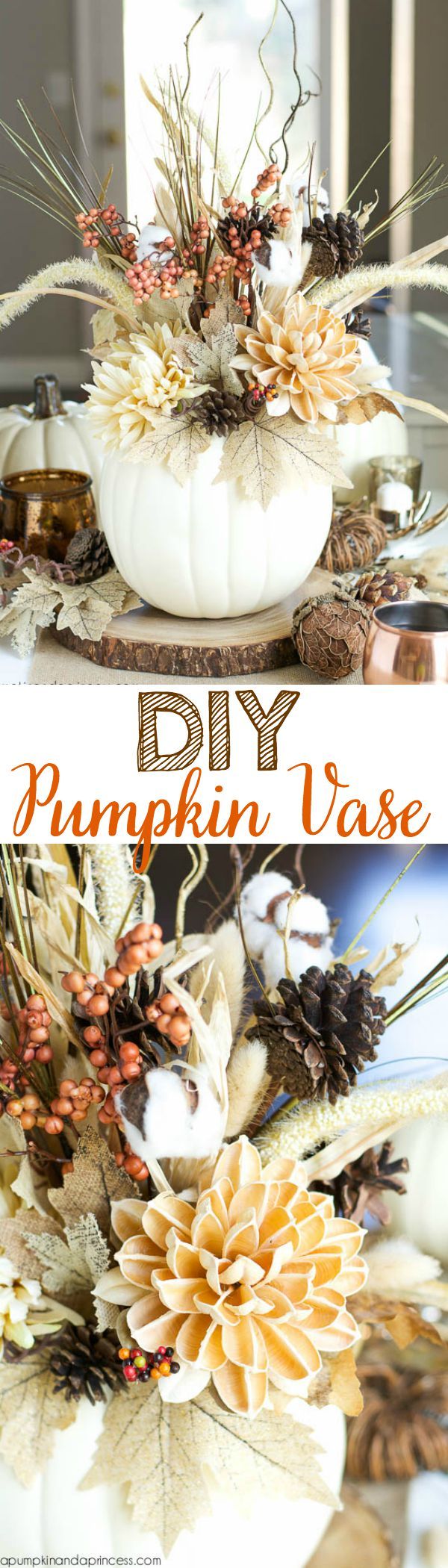 Look here how a pumpkin can be transformed into a gorgeous Thanksgiving vase.
