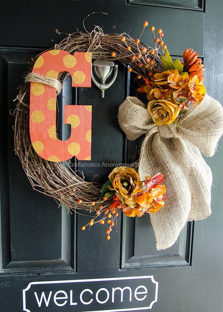 Polka dots monogram and burlap bow Fall wreath