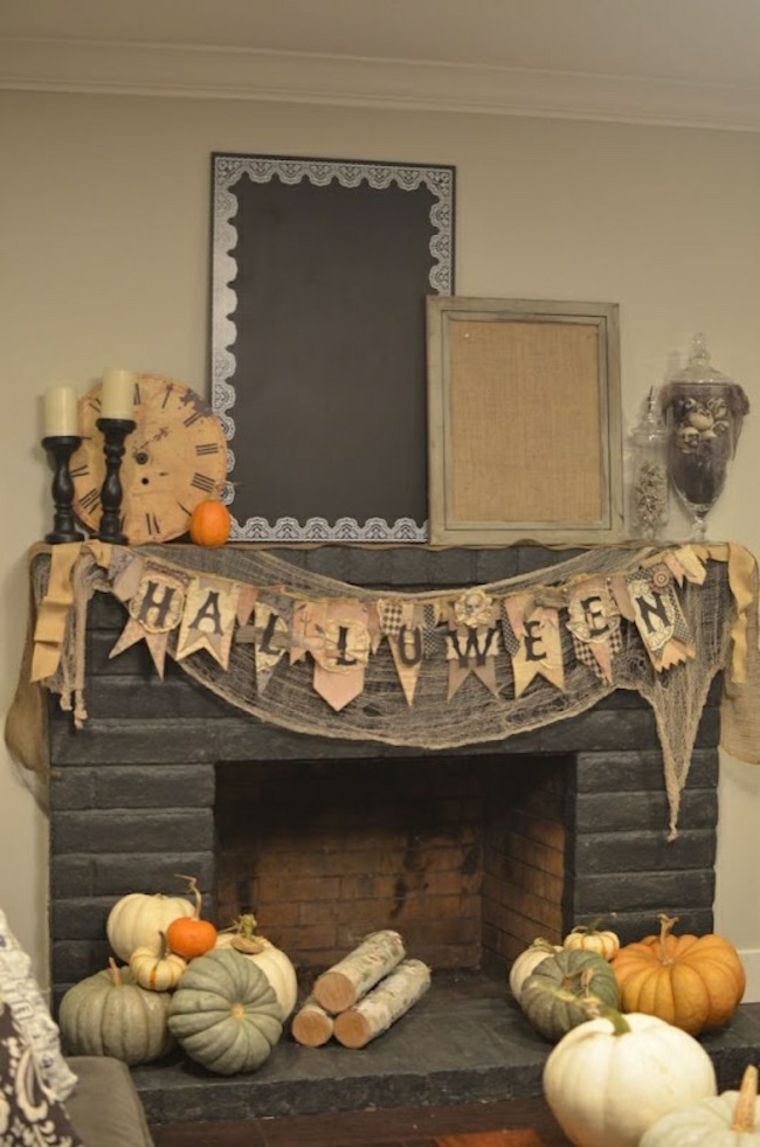 Rustic Living Room Design with Vintage Look Halloween Fireplace Decor.