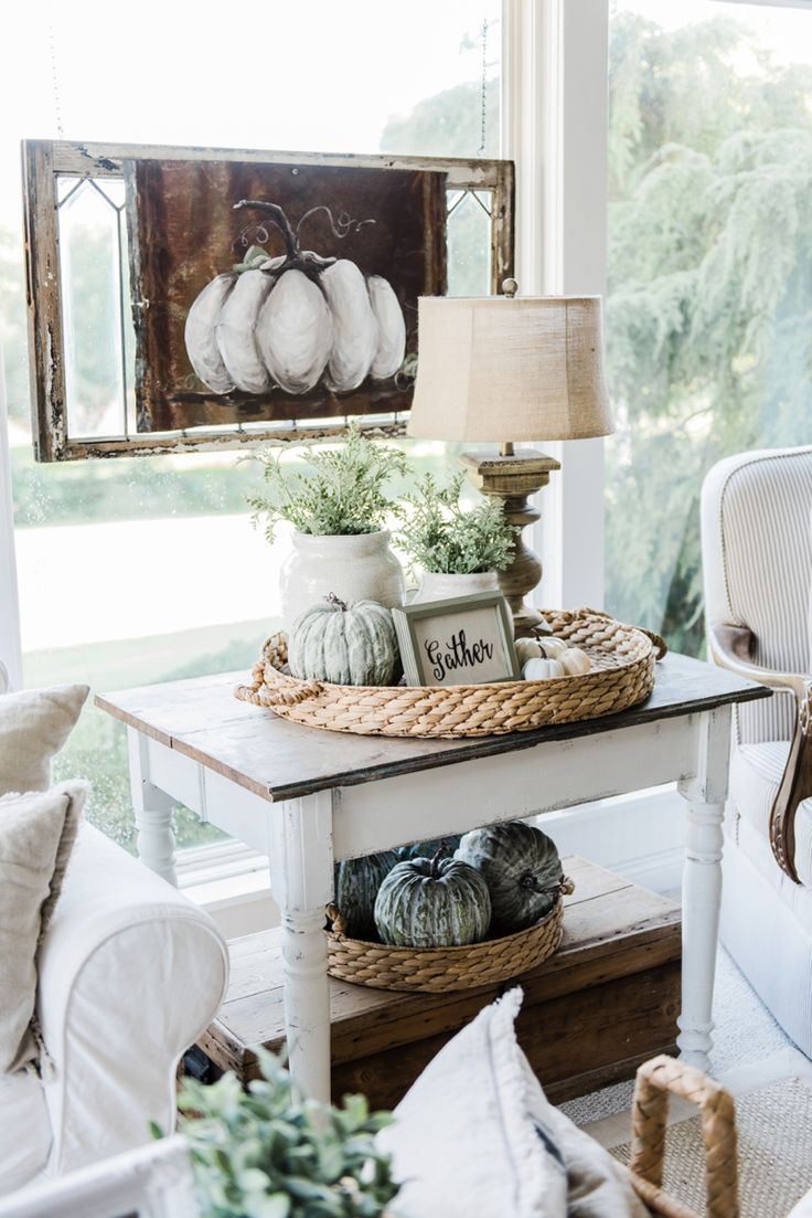 Rustic Sunroom Halloween Table Pumpkins Fall Decor.