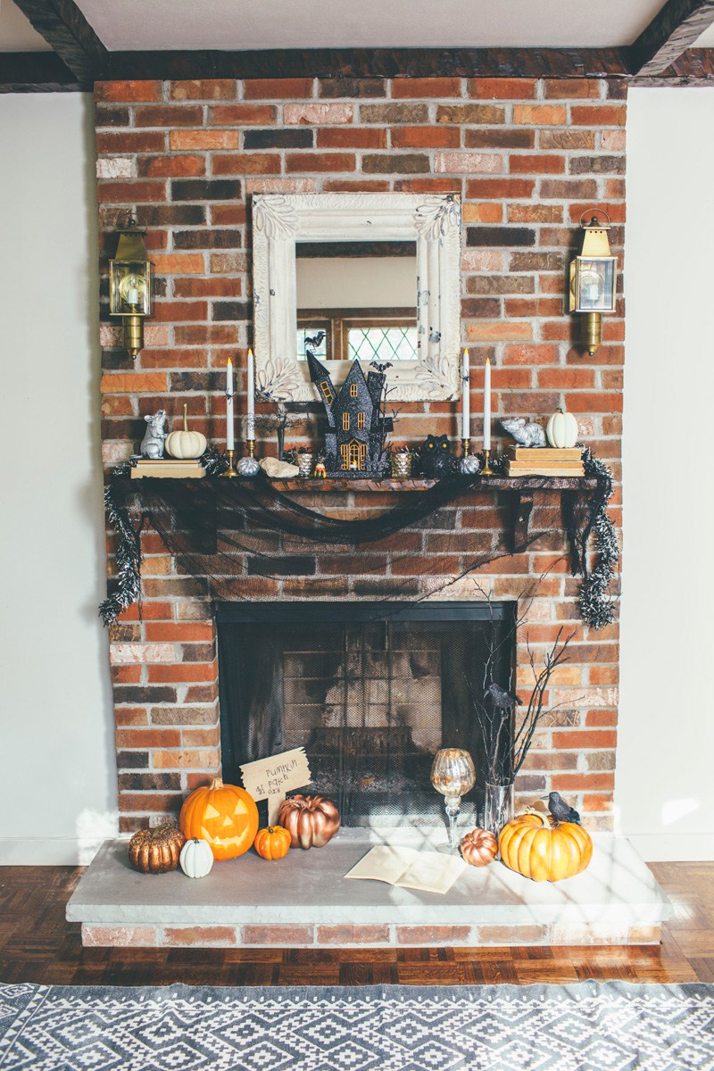 Whimsical Halloween Fireplace Mantel Decor.