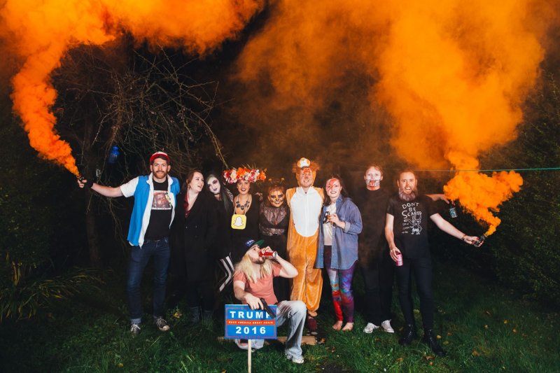 Annual Halloween group costume photo.