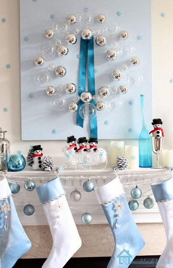 Blue Christmas Mantel with a Bubble Wreath.