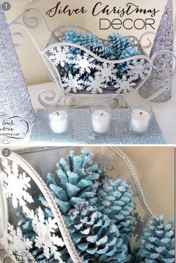 Blue and Silver Pinecone Christmas Centerpiece.