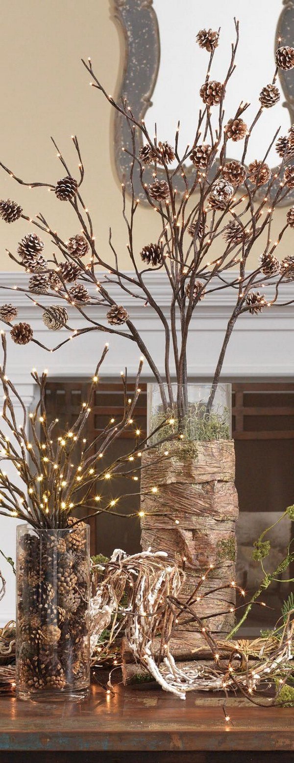 Christmas Decoration with Pinecones and Lighted Branches.