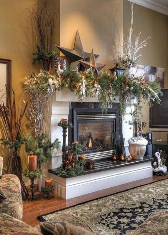 Christmas Mantel With Stars Craft Paper and Lantern and Pines Cones and Leaves.