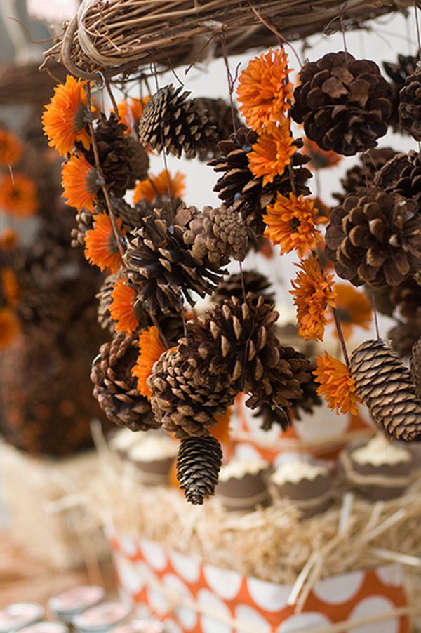 DIY Festive Pinecone Chandelier.