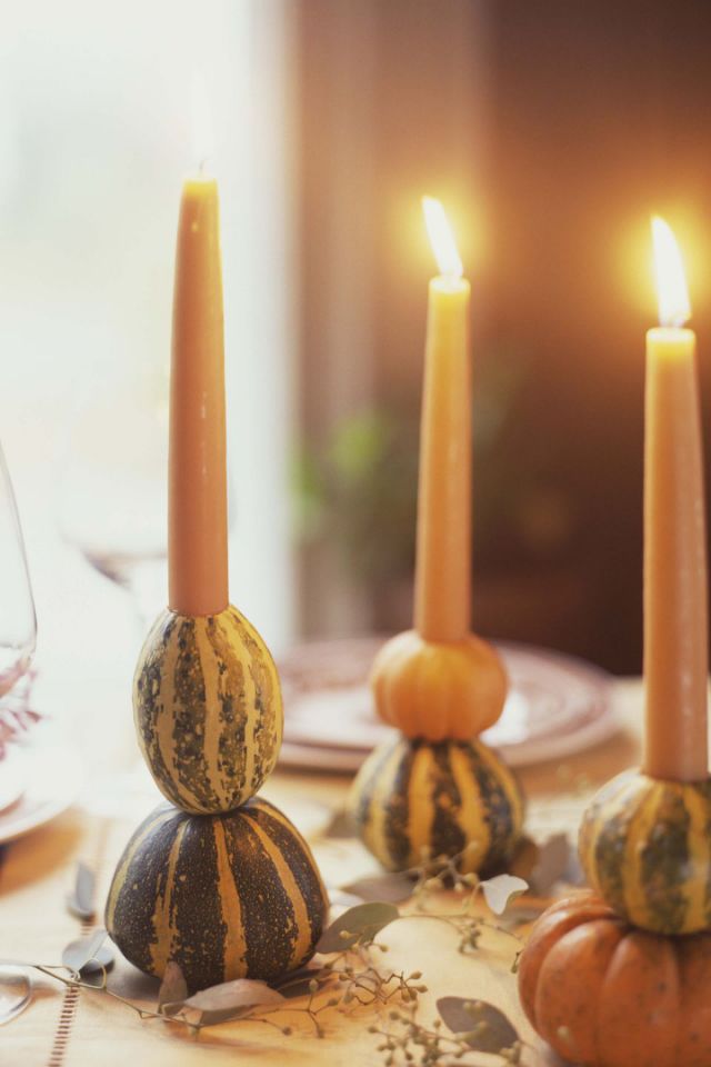 DIY Gourd Candlestick Thanksgiving Centerpiece.
