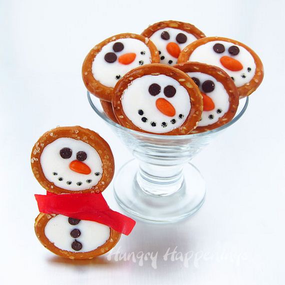 Easy Frosty Snowman Pretzels.