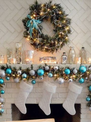 Elegant Christmas Mantel in Turquoise, White And Silver.
