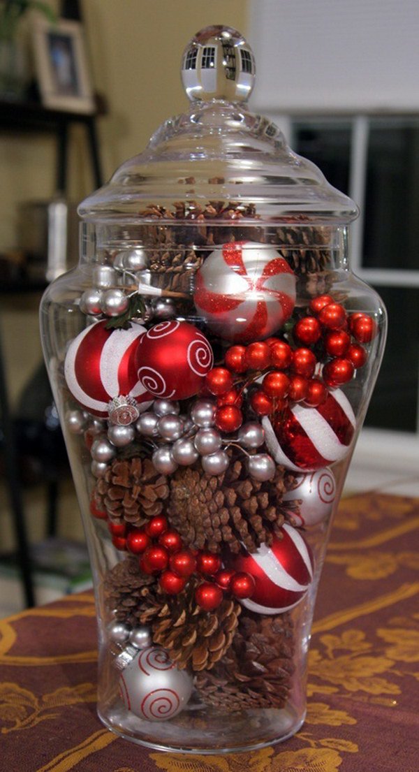 Festive table with simple ornaments and pinecones from the yard.