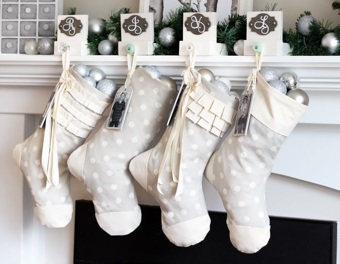Grey and white polka dots Christmas stocking.