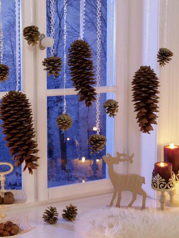 Hang Pinecones for Christmas Window Decorations.