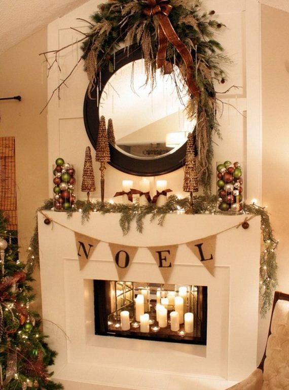 Red Cherry Wreath with Evergreen Garland Draped Across the Mantel.