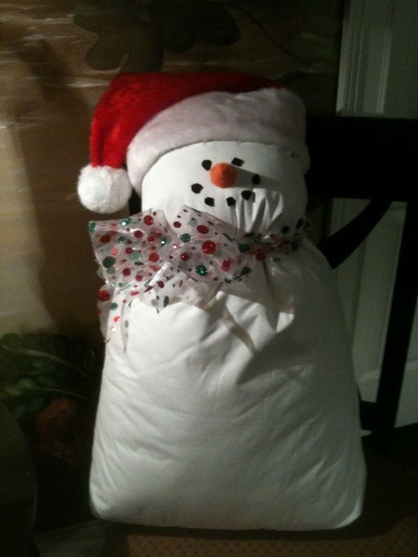 Snowman from Bed Pillow and a Santa Hat.