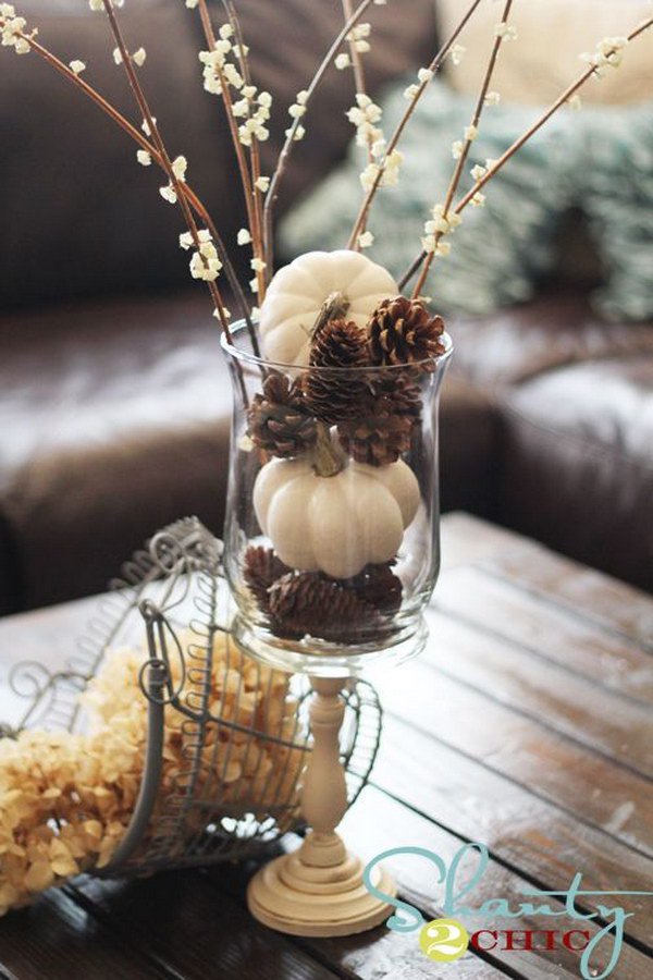 White Pumpkins and Pinecones.