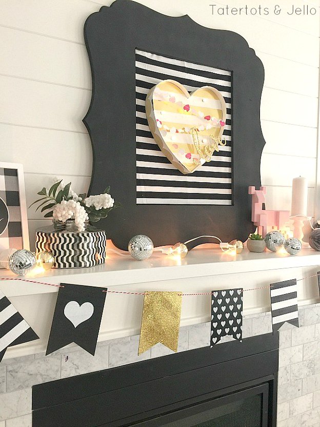 Black, White, and Gold Mantle from Tater Tots & Jello. Valentine's Day Decoration Ideas