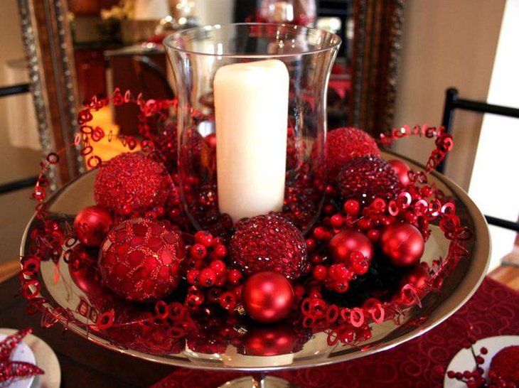 Christmas Table Centerpiece with White Candle and Red Ornaments.