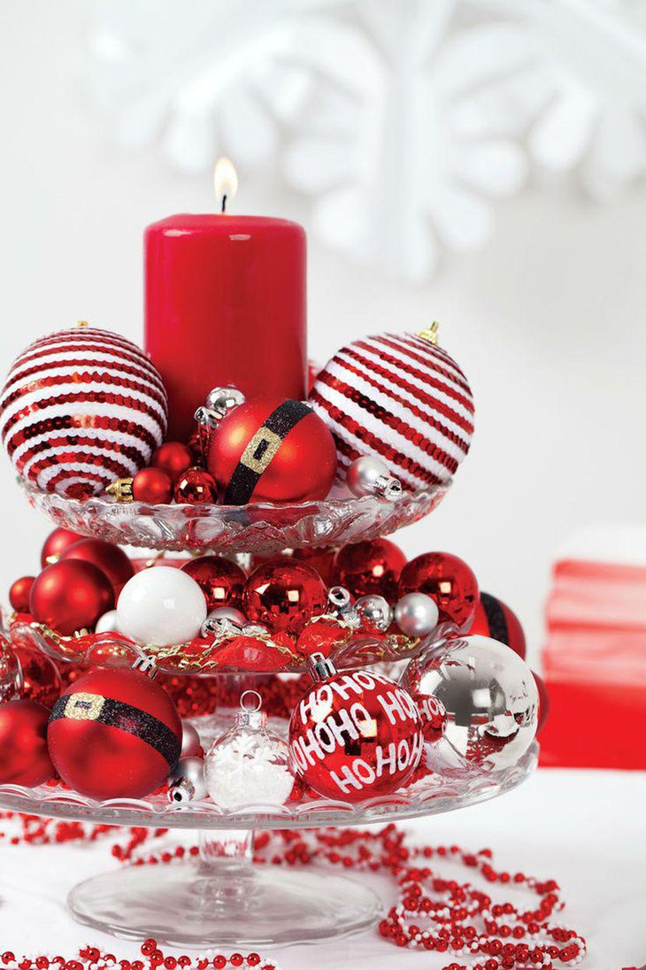Decorative Red Candle and Ornaments Christmas Table Centerpiece.