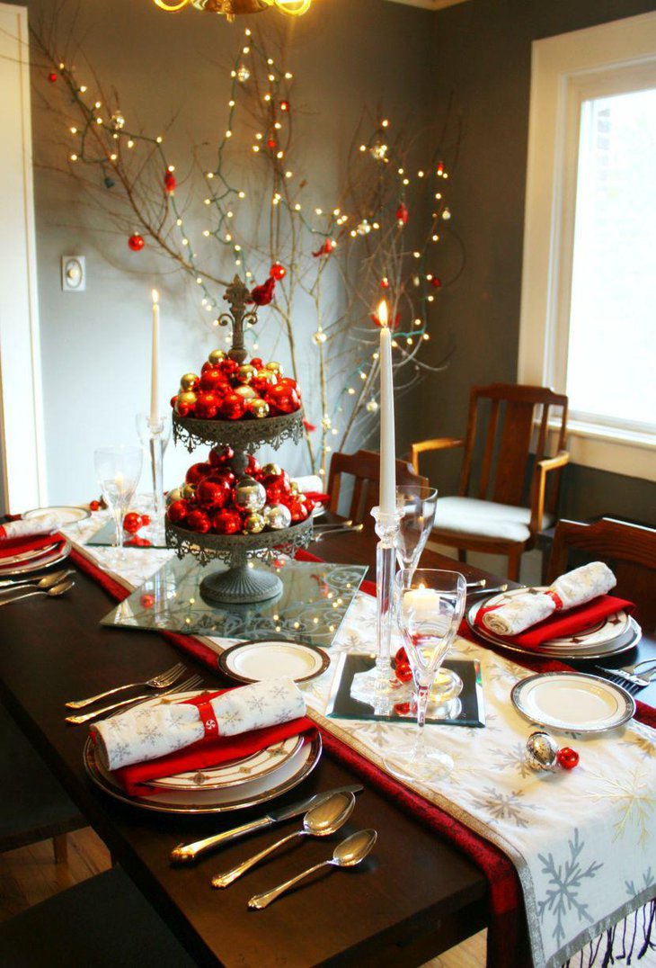 Gorgeous Red and White Tablescape with Runners, Napkins, Plates, Candles, and Ornaments.