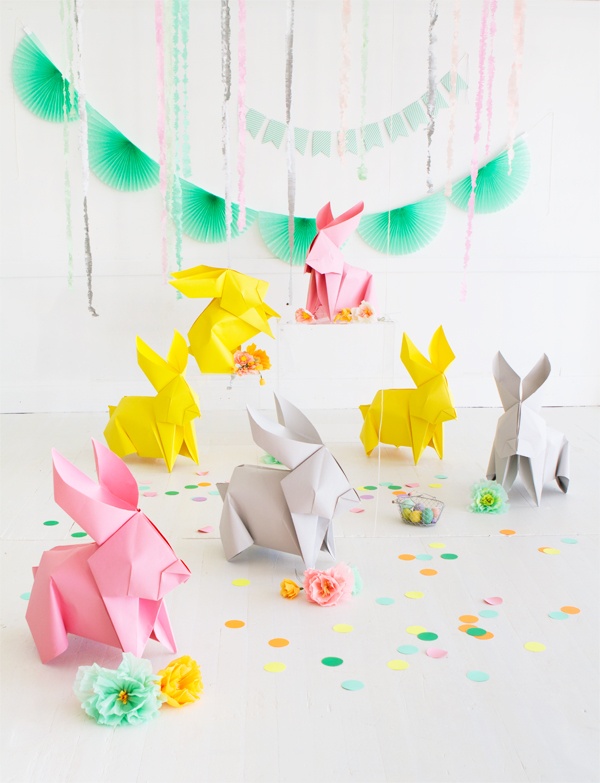 Large-scale origami bunnies.