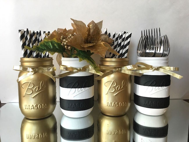 Painted Mason Jars for New Years Eve table decorations.