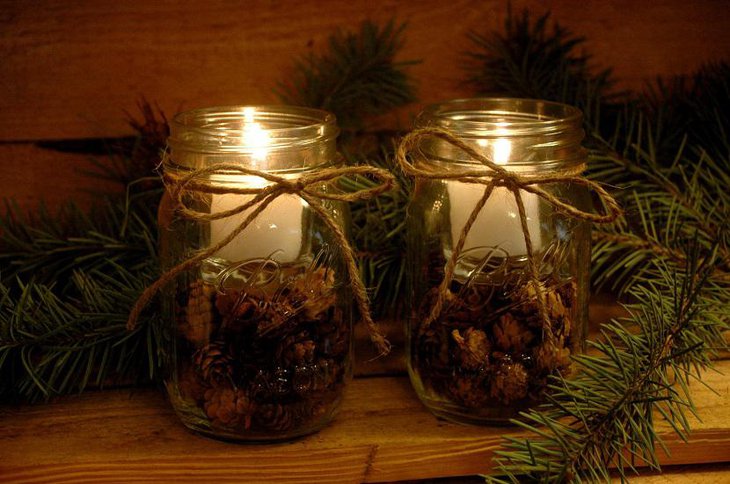Pine Cone and Candles with Jute Bow.