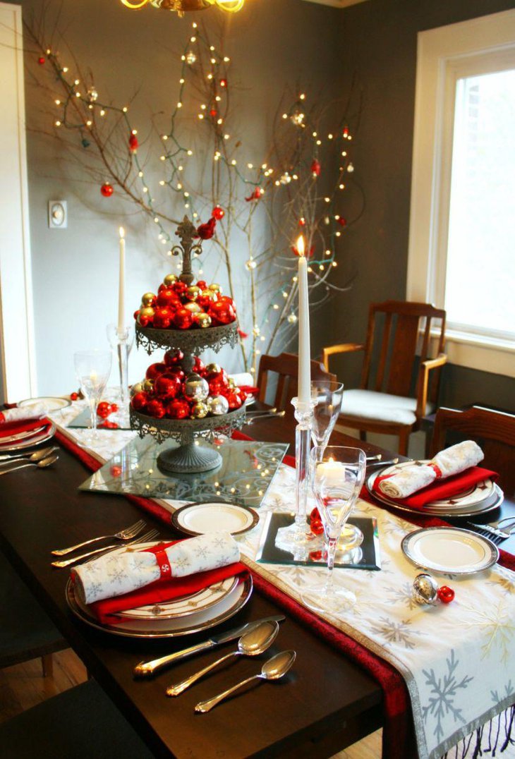 Red and Silver Ornaments on Tiered Stand.