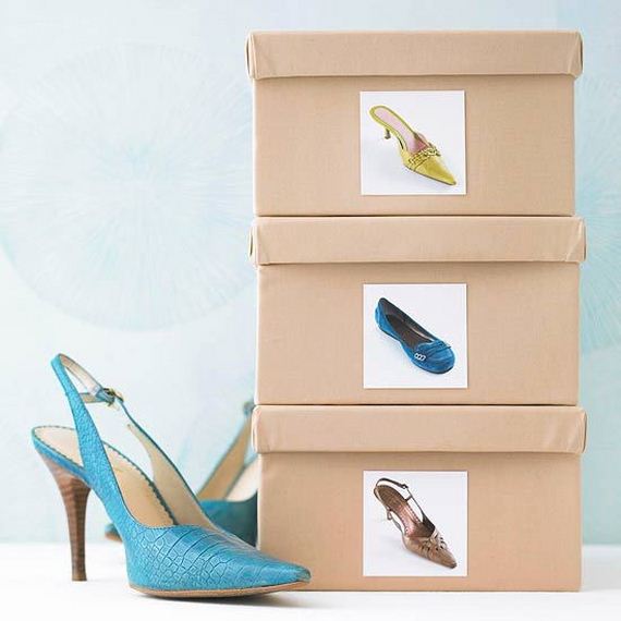 Reuse original shoe boxes and cover them with decorative paper