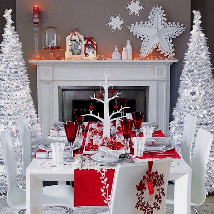 Snowy White Décor with Red Placemats, Glasses, and Ornaments.