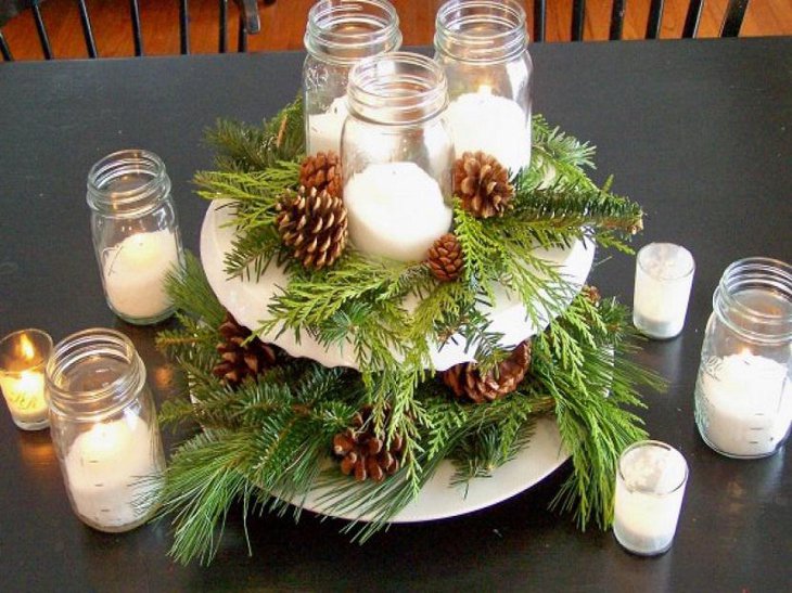 Two-tier Jar Candles and Greens Centerpiece.