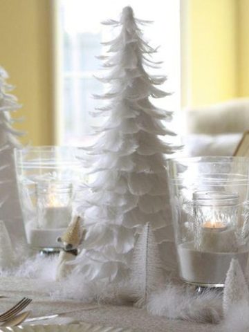 White Christmas Table Décor with Feathered Christmas Tree Centerpieces.