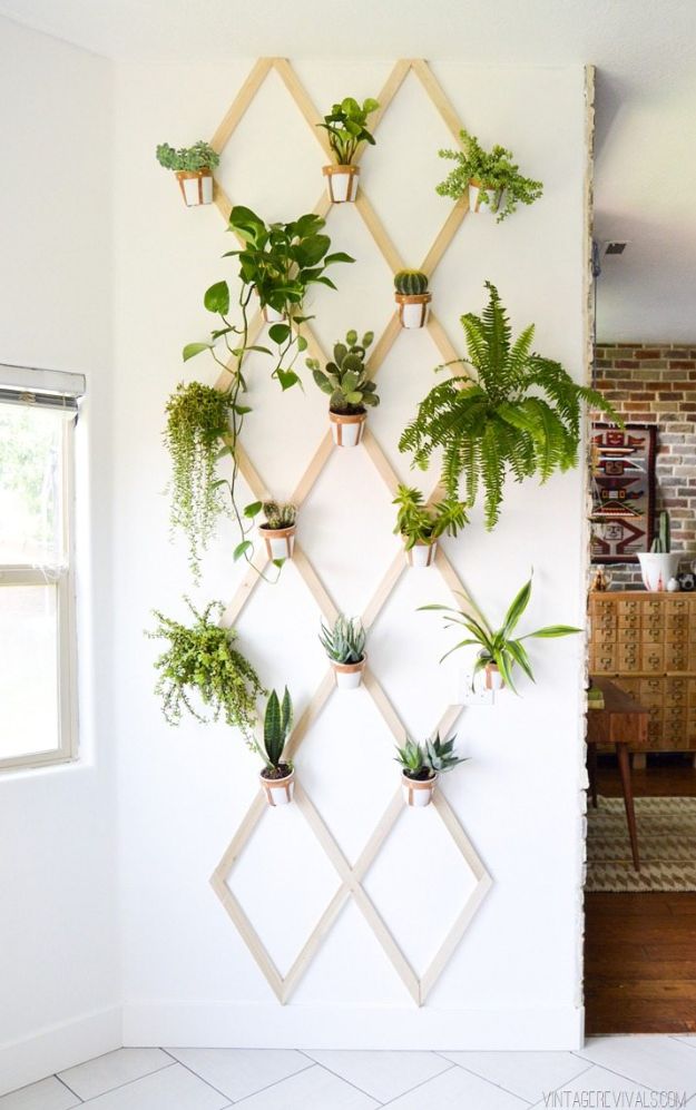 Wood And Leather Trellis Plant Wall.