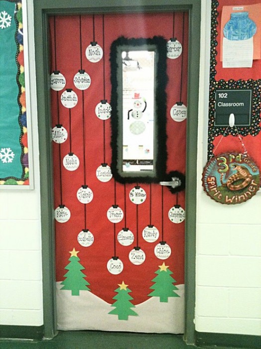 Christmas Ornaments on a class door.