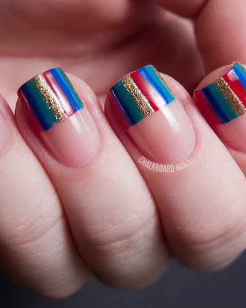 Colorful Stripes French Tipped Nail Art.